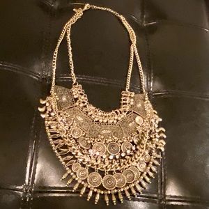 Aztec or Greek Goddess Gold Necklace 13”